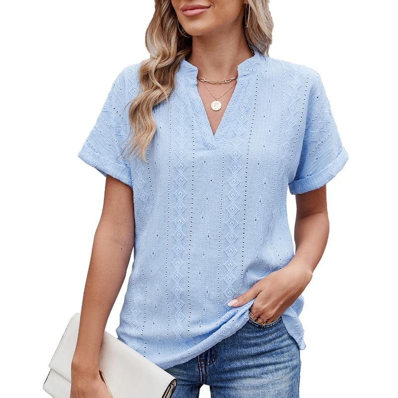 Maglietta casual ampia con scollo a V, tinta unita, da donna, primavera estate