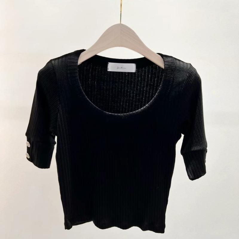 

Летняя трикотажная футболка с круглым вырезом и коротким рукавом, женская мода, элегантные облегающие однотонные женские футболки, повседневные простые женские укороченные футболки 26001 One Size чёрный