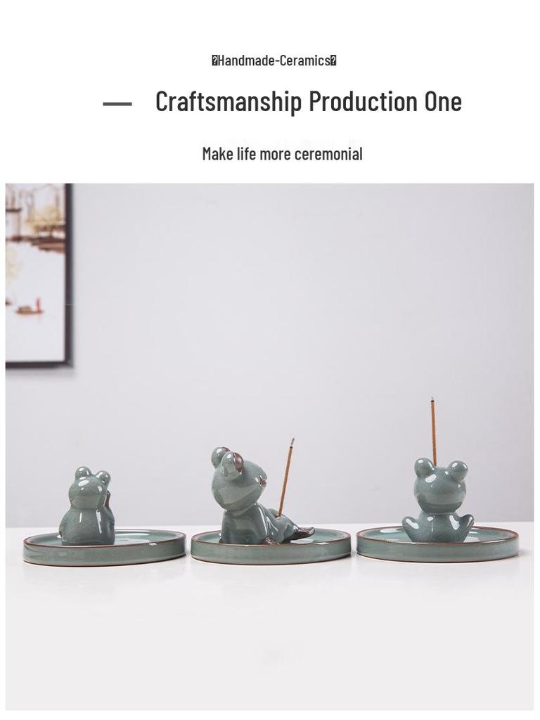 Zen Frog Ceramic Incense Burner and Holder - Ge Kiln Style for Home or Office Decor