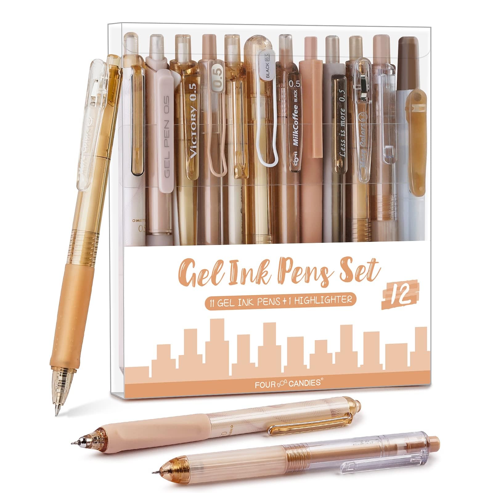 

Four Candies Pastel Gel Ink Ballpoint Pen 11 Gel Pens 1 Retractable Easy to Pen for School and Office 12-Piece Set & Highlighter, 0.5mm, Cute, Write,