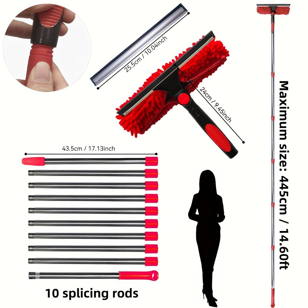 2-in-1 High Waist Window Cleaning with 10 Joint Extension Pole Stainless Steel Scraper and Squeegee Reusable Microfiber Cloth
