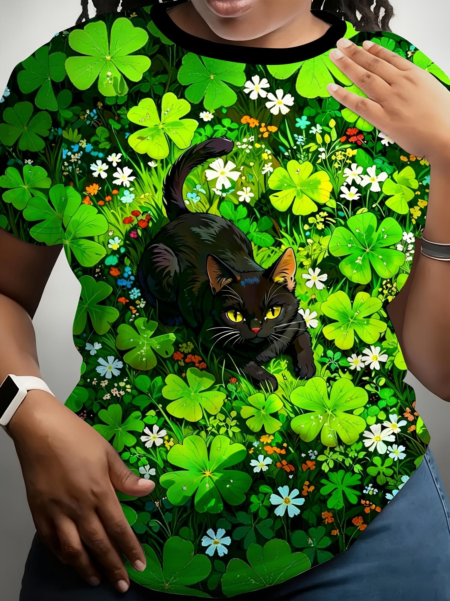 

Fourleaf Clover Black Cat Print Short Sleeve T-Shirt. Lucky Auspicious Loose Round Neck Top. Women Clothing. Women S Clothing XL дубильная кора