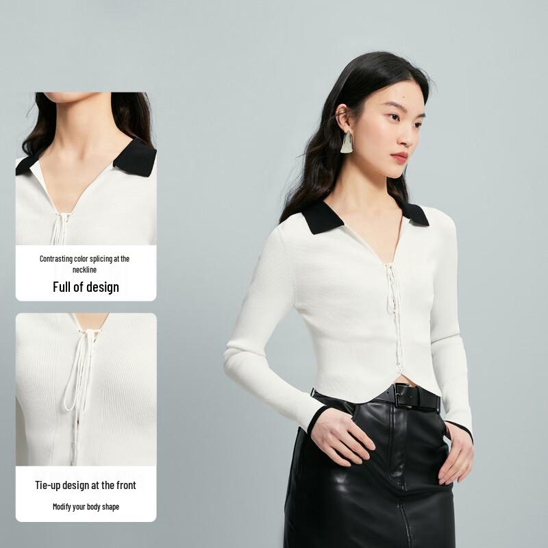 Veromoda Women's Colorblock Lapel Tie-Up Knit Top