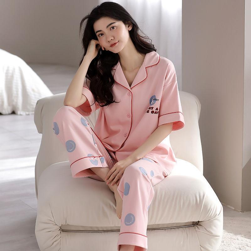 Pajamas women's summer cotton short-sleeved trousers cardigan sweet high-value loungewear set