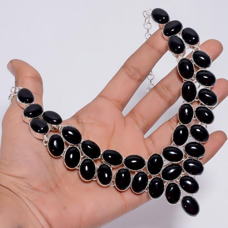 Beautiful Top Grade Qualite 100% Natural Black Onyx Oval Shape Ethnic Handmade Jewelry 925 Steling Silver Necklace 18" WSJ-4752
