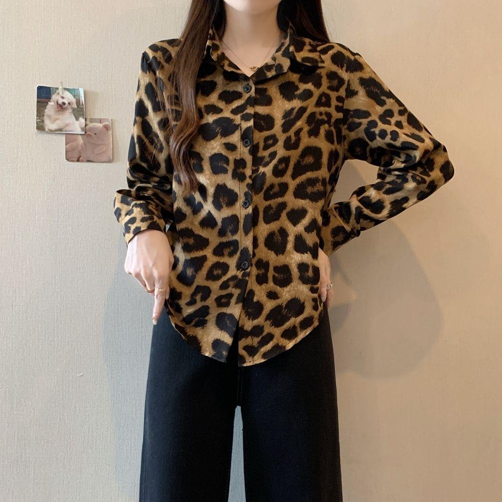 Damen Retro Leopardenmuster Langarm Revershemd