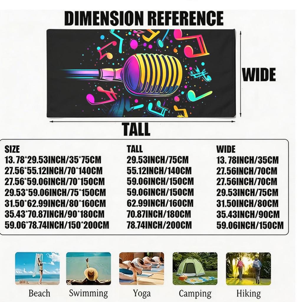 Neon microphone music pattern polyester microfiber beach towel is highly absorbent, suitable for swimming and beach outings