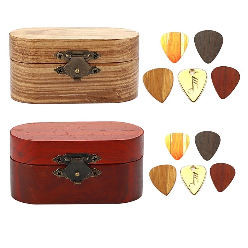 Wood Guitar Pick Storage Box Container Portable Guitar Pick Box Holder Collector with 5 Guitar Pick Gift for Guitarist