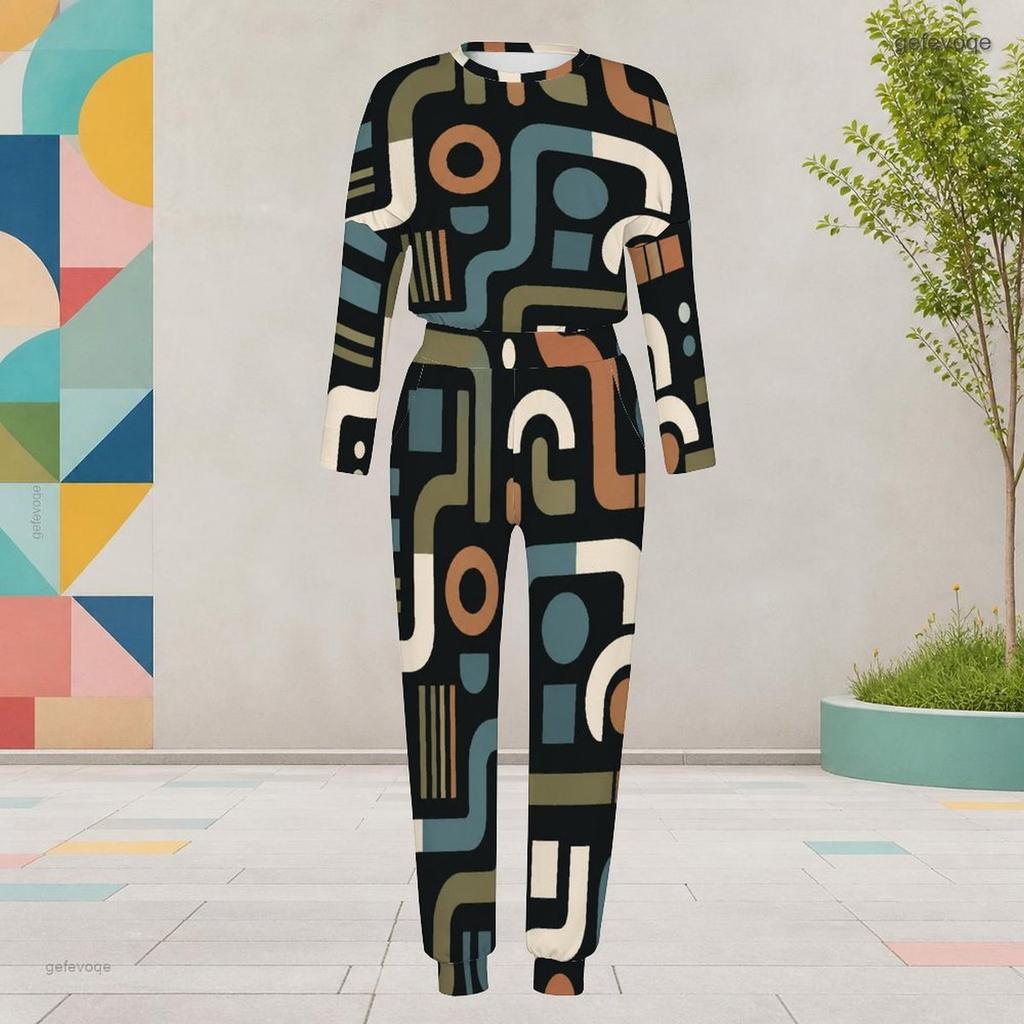 Women Plus Size Abstract Printed Round Neck Long Sleeve Cuffed Top And Pants Two Piece Set With Pockets