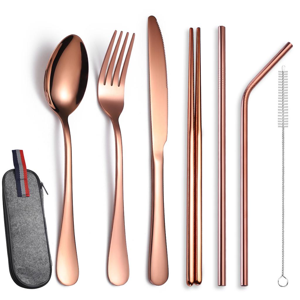 Stainless Steel Tableware Set, Portable 7-piece Set, Knife, Fork, Spoon, Chopsticks, Straw, Camping Supplies Storage, Cross-border Durability 2026
