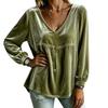 Women's V-Neck Lace Long Sleeve Blouse - Color Loose Fit Top for Everyday Wear