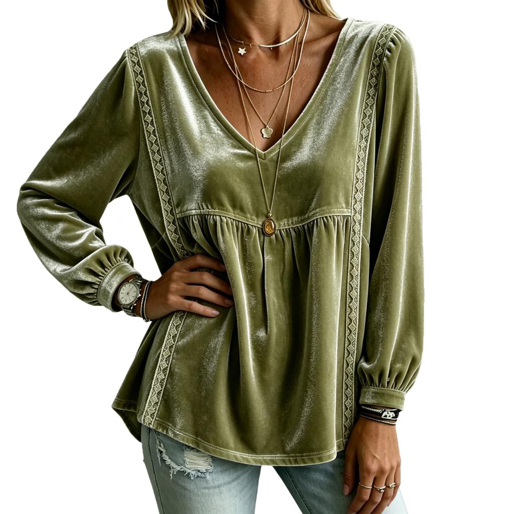 Women's V-Neck Lace Long Sleeve Blouse - Color Loose Fit Top for Everyday Wear