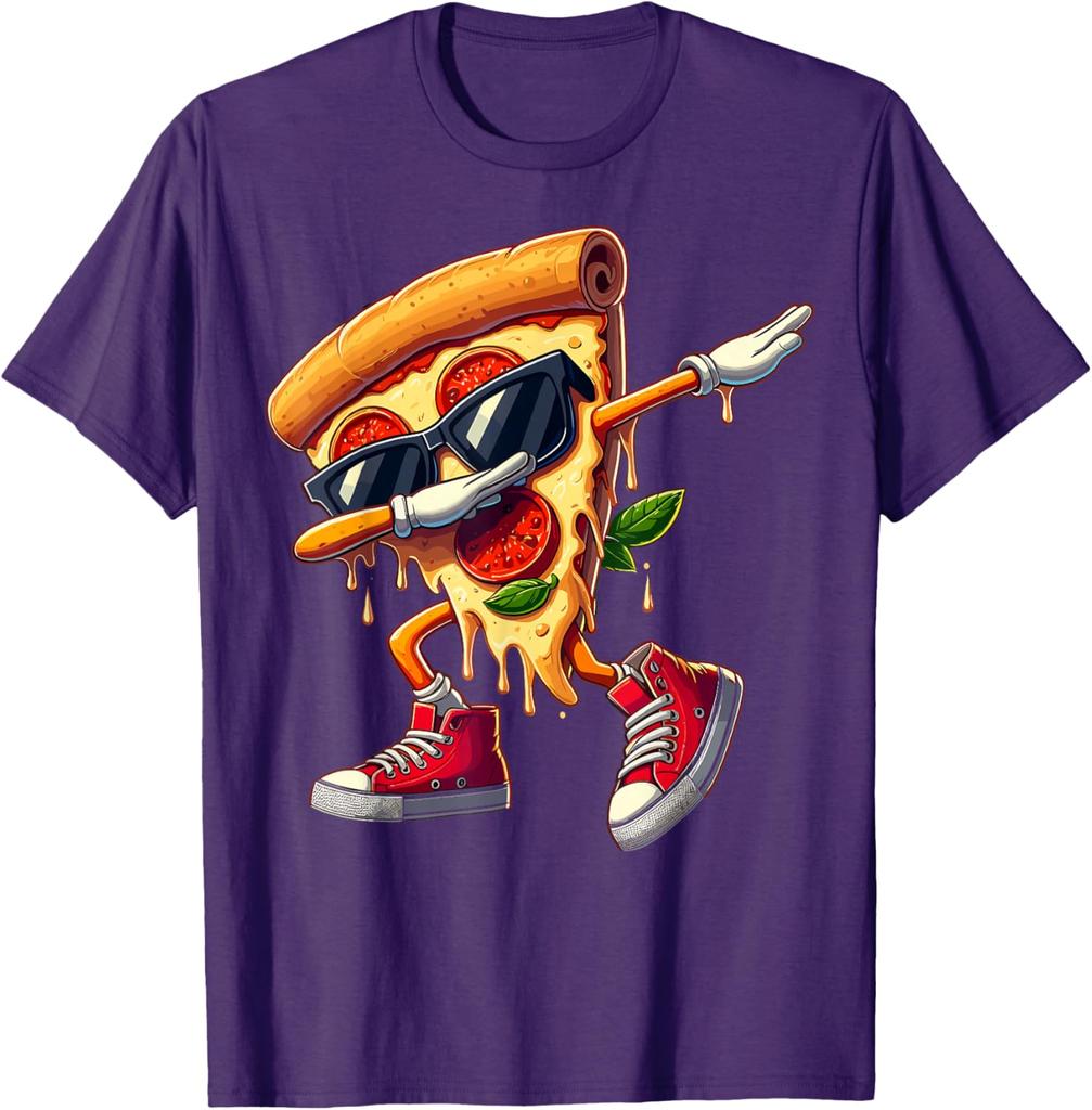 Dabbing Pizza Slice Dancing Foodie Graphic Tee Cool Casual Cotton Short Sleeve T-Shirt for Men