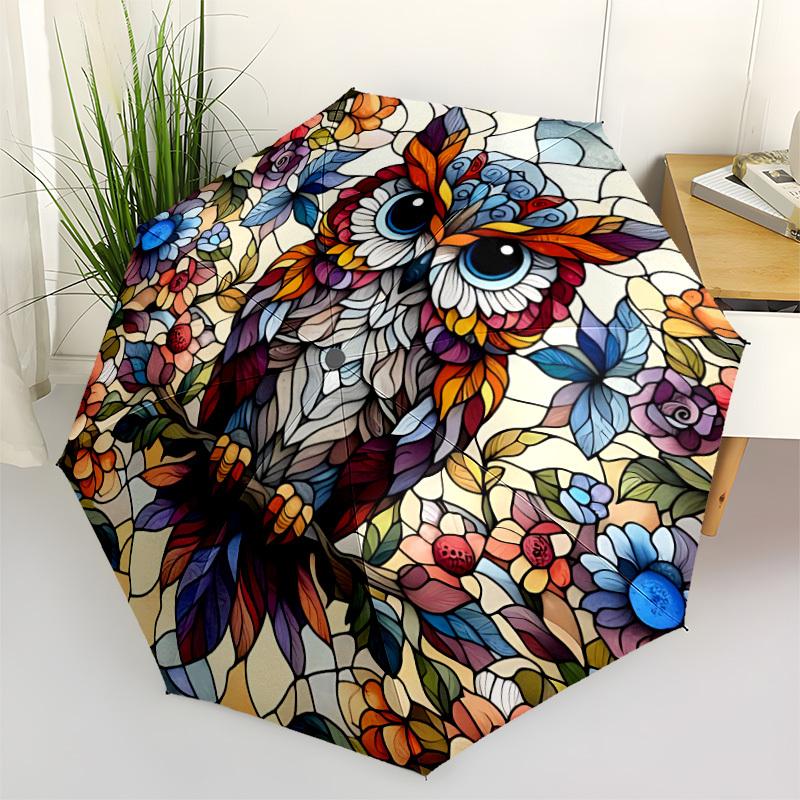 1pc Stained Glass Owl Automatic Folding Umbrella - 8-Rib Compact Travel Umbrella Durable & Portable for Outdoor Use, Perfect Gift for Birthdays150