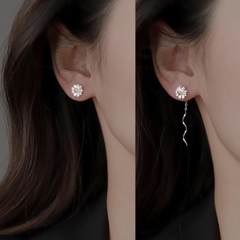 1Pair Silver Color Trend Daisy Flower Long Wire Tassel Thread Hanging Earrings For Women Piercing Earring Girl Jewelry