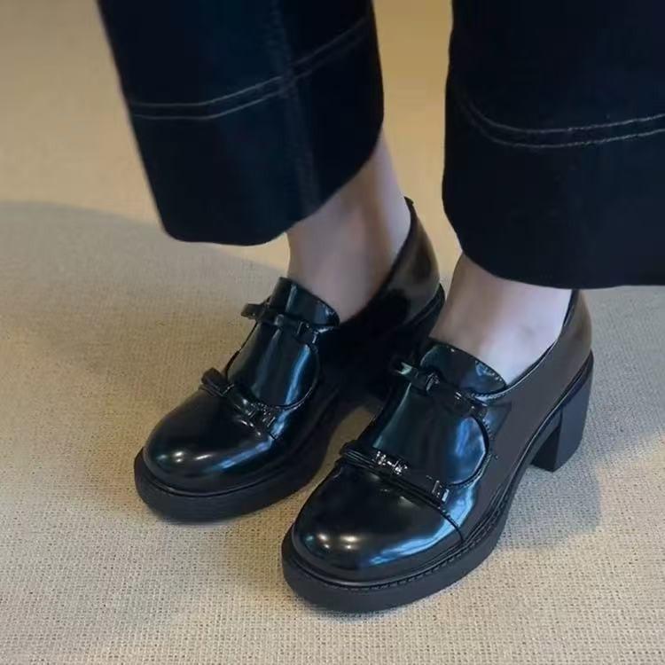 British high-heeled loafers for women French elegant bow thick-heeled single shoes British black small leather shoes for women