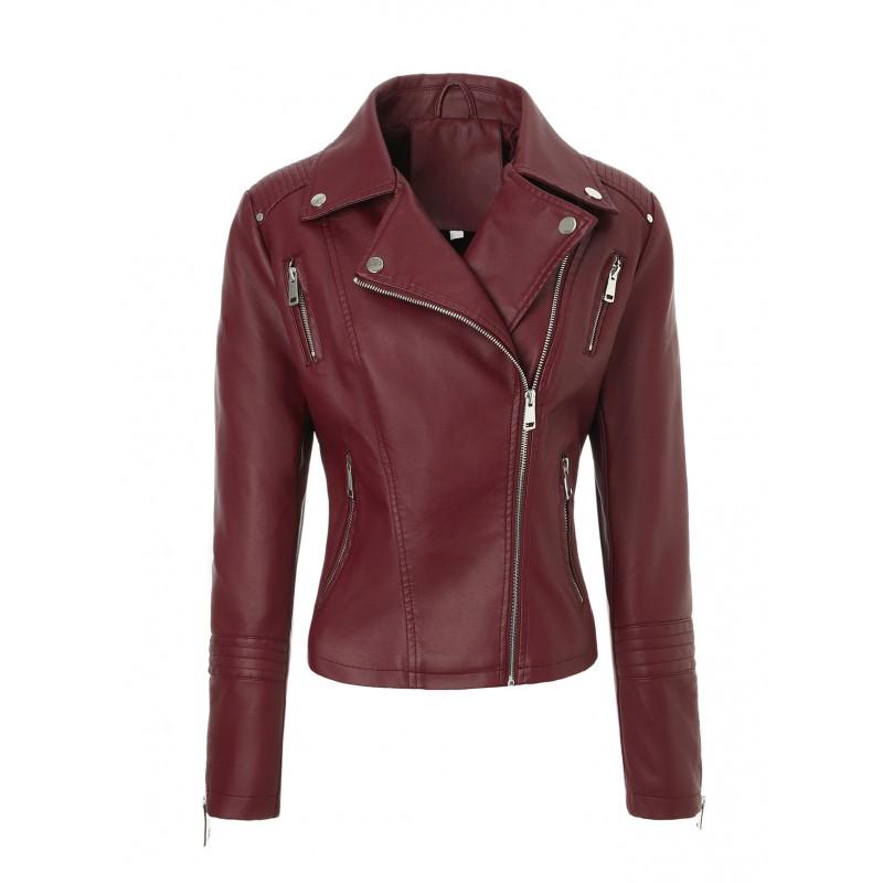 Womens Black Short PU Leather Moto Jacket With Multiple Zippers Streetwear Style 2026