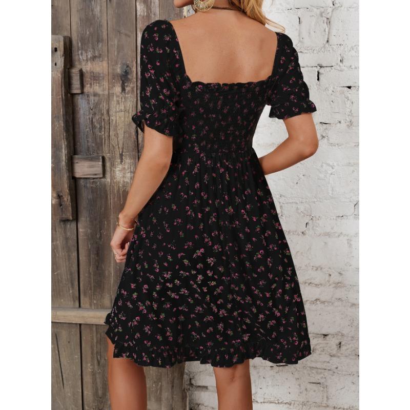 YYFS Damenmode Sommer Frühling Kurzarm Quadratischer Kragen Hohe Taille Freizeitkleider