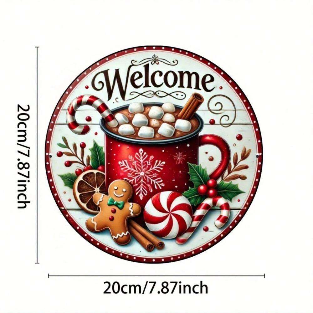 Christmas Welcome Sign Metal Wall Art Round Gingerbread Wreath Decorative Plate 20x20cm