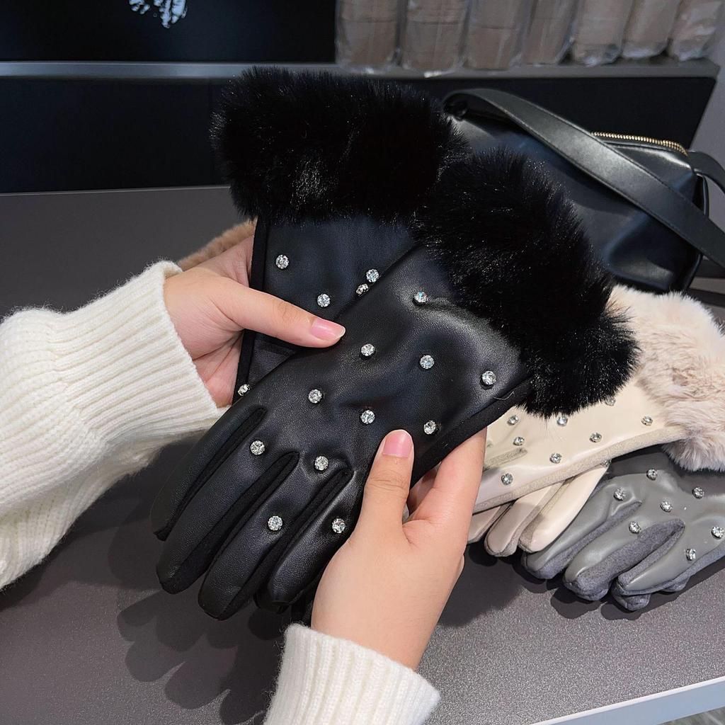 Touchscreen Proteinleder Strass Kaninchenfell Winterhandschuhe