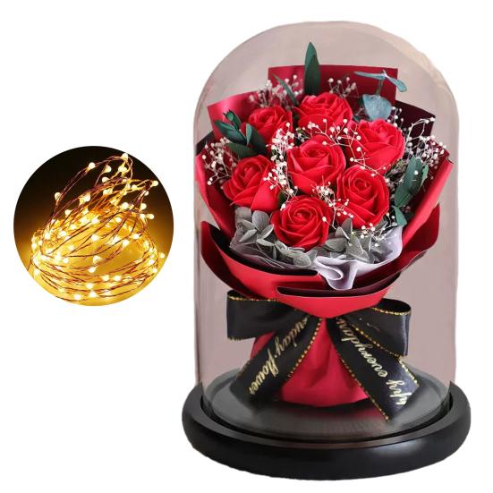 Artificial Rose Bouquet with LED Light Glass Dome Cover Eternal Flower Decoration Women Wife Girlfriend Anniversary Valentine's Day Mother's Day Gift