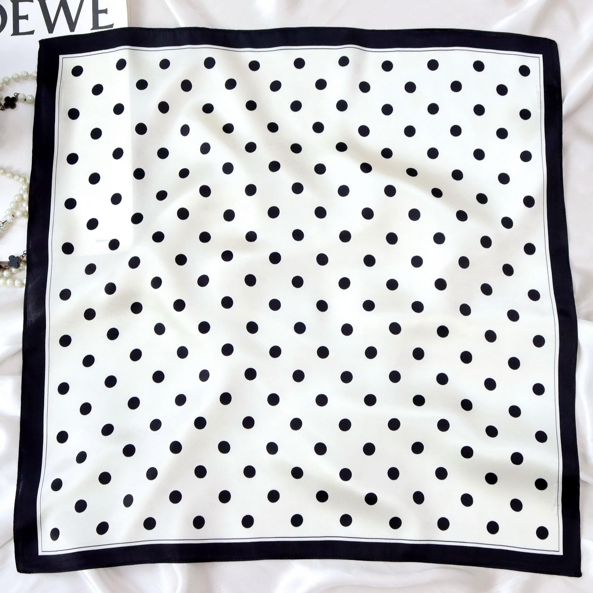 Black and white polka dots small fragrant style fashion silk scarf silk small square scarf mulberry silk versatile professional scarf scarf 53*53cm