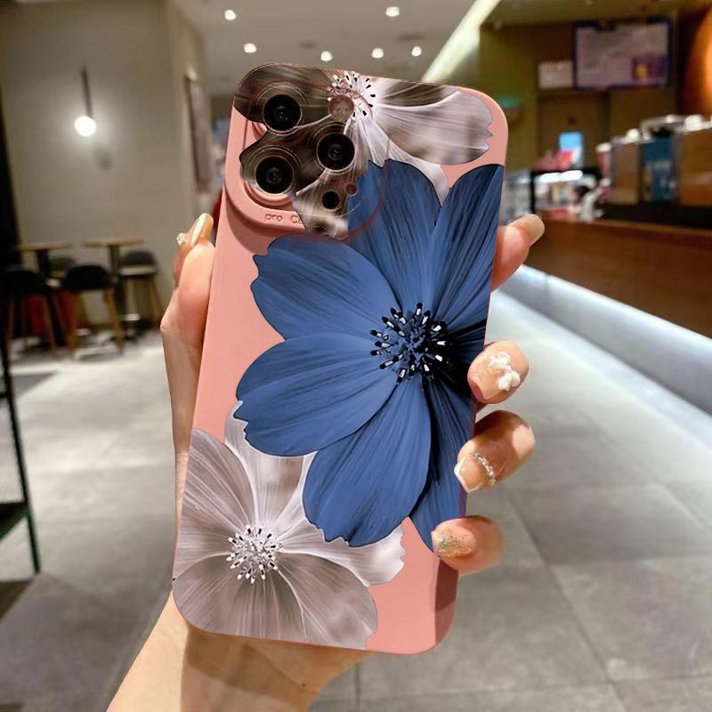 For iPhone 16 15 14 13 12 11 Pro Max Shockproof Blue Floral Pattern Phone Cover For iPhone XS XR 7 8 Plus 16 Soft Silicone Case