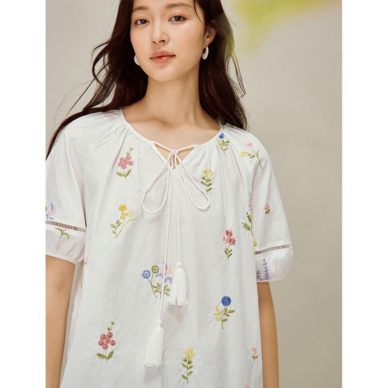 INMAN Women's French Floral Embroidered Puff Sleeve Blouse