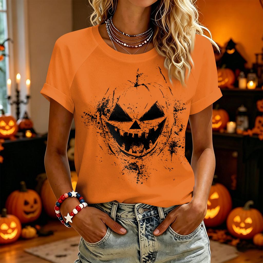 Women Casual Short Sleeve T Shirt Halloween Pumpkin Face Print Crew Neck Lightweight Top for Everyday Wear