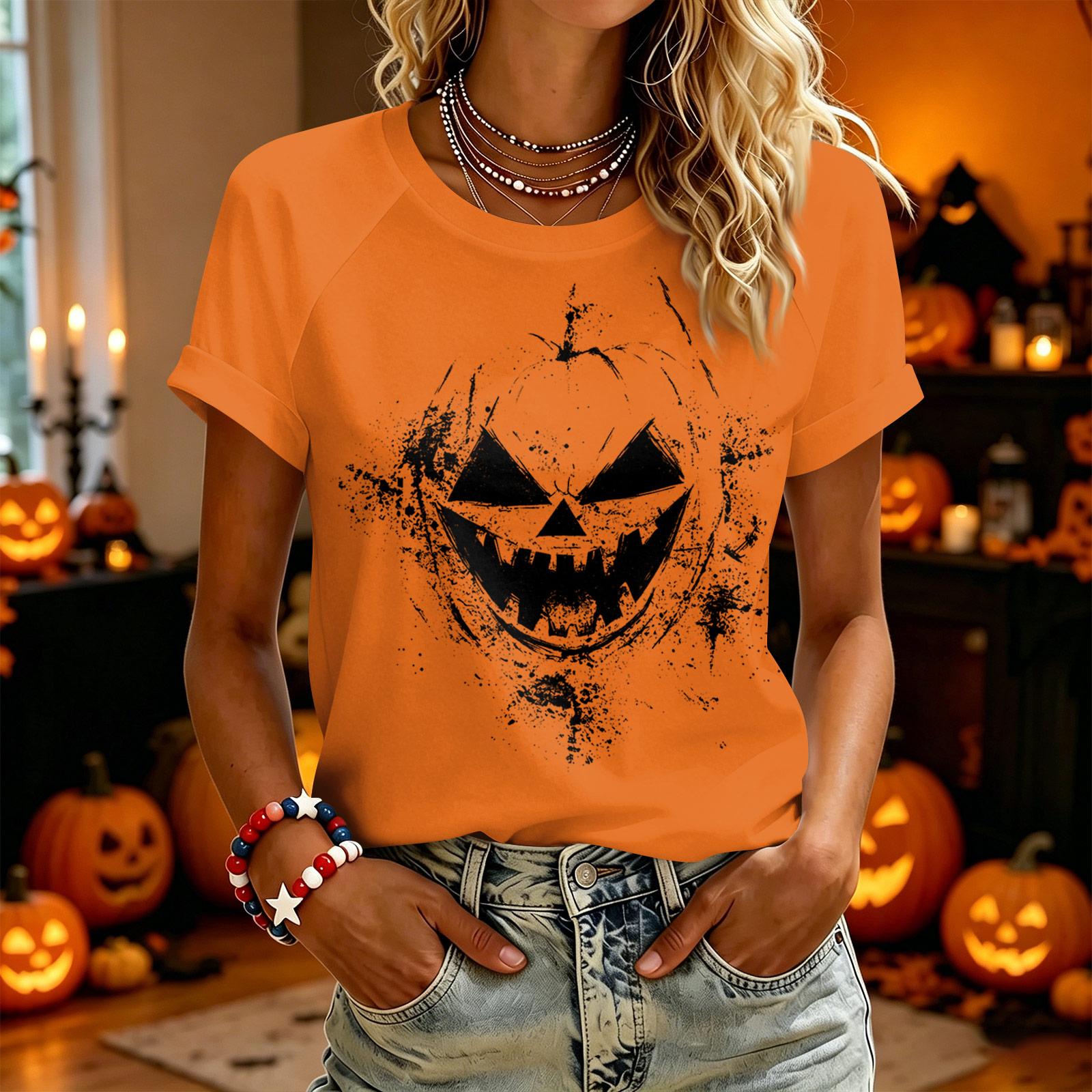 Women s Short Sleeve Halloween Print T-shirt for Casual Everyday Wear M