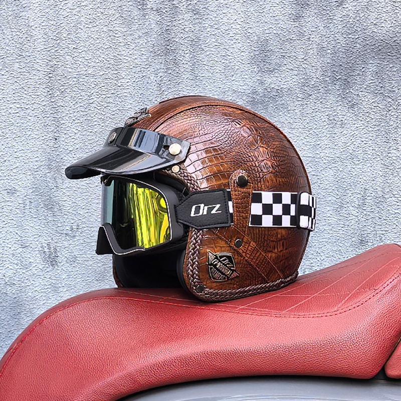 Retro Motorcycle Helmet PU Leather Open 3/4 Chopper Bicycle Helmet CapacetDOT Certification