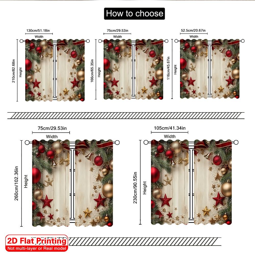 2D Flat Printing 2pcs Merry Christmas Curtains Stars and Pine Branches Versatile Fabric Without Electricity Family Party Perfect
