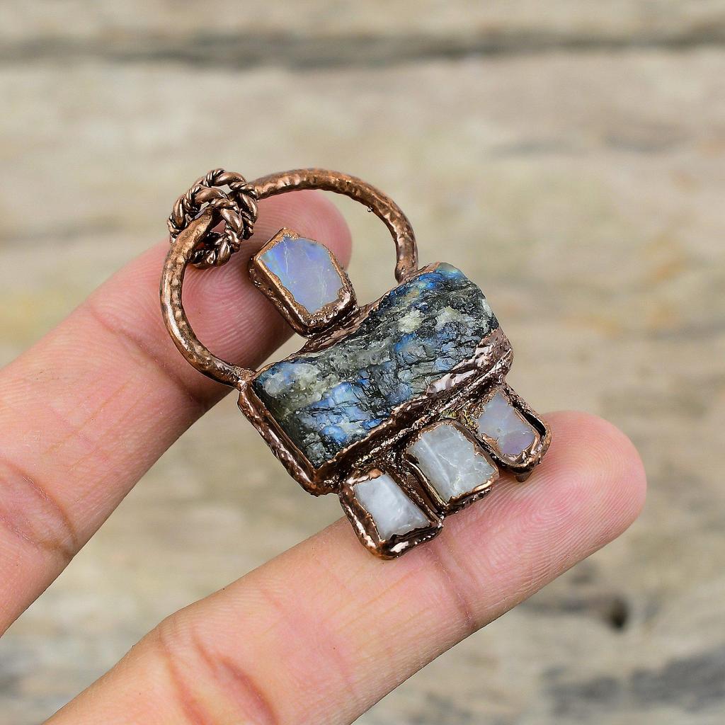 Labradorite Rough Pendant Electroformed Copper Pendant Rainbow Moonstone Rough Pendant Electroformed Jewelry Gemstone Pendant Gift For Women