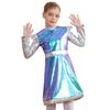 Girls Outer Space Cutie Costume: Shimmering PU Patchwork Alien Dress for Halloween & Sci-Fi Role Play Parties