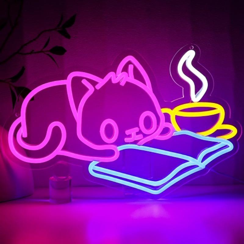 Cat Reading Book Neon Sign for Wall Decor Cute Cat Led Signs for Library Neon Lights for Classroom Reading Cafe