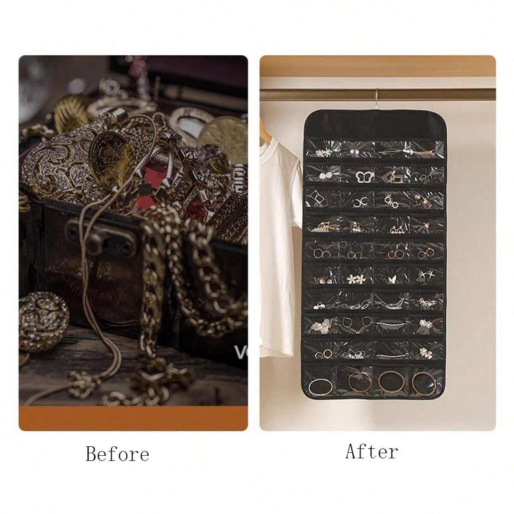 1 Stück-80 Fächer Aufbewahrungstasche Schmuckaufbewahrung Hängende Tasche Ring Halskette Ohrringe Organizer Vlies Doppelseitig Halskette Schmuck Ba