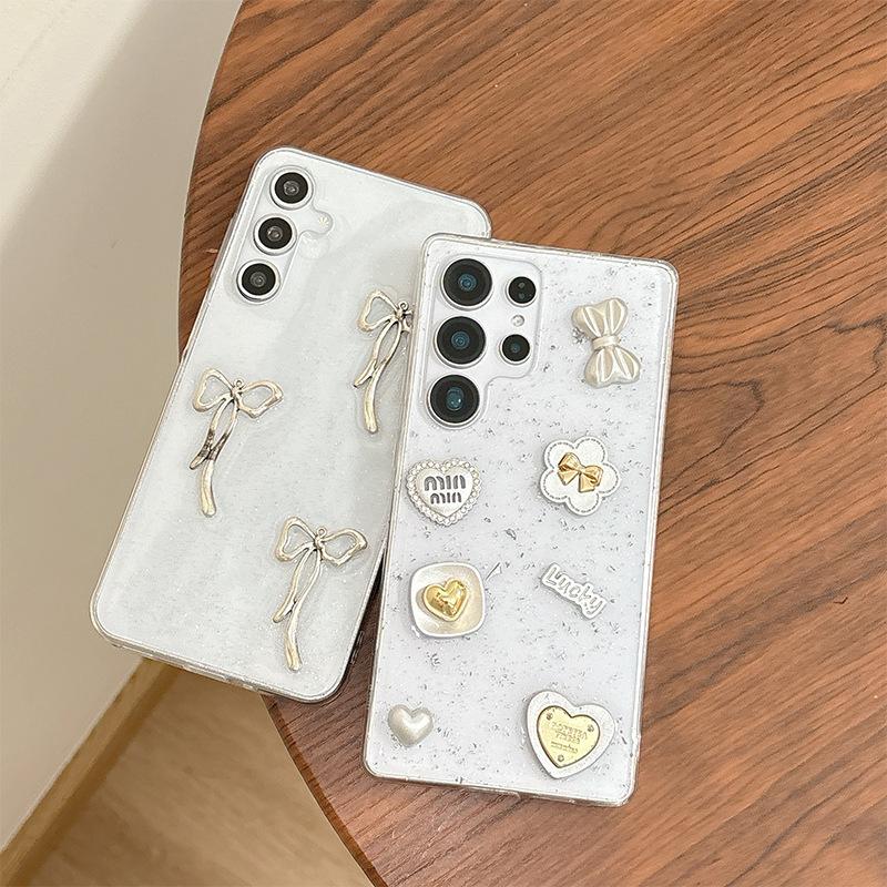 Hollow Bow Glue Transparent Glitter Phone Case for Samsung A14 Love S25 Bow Tie S24 Flower S23