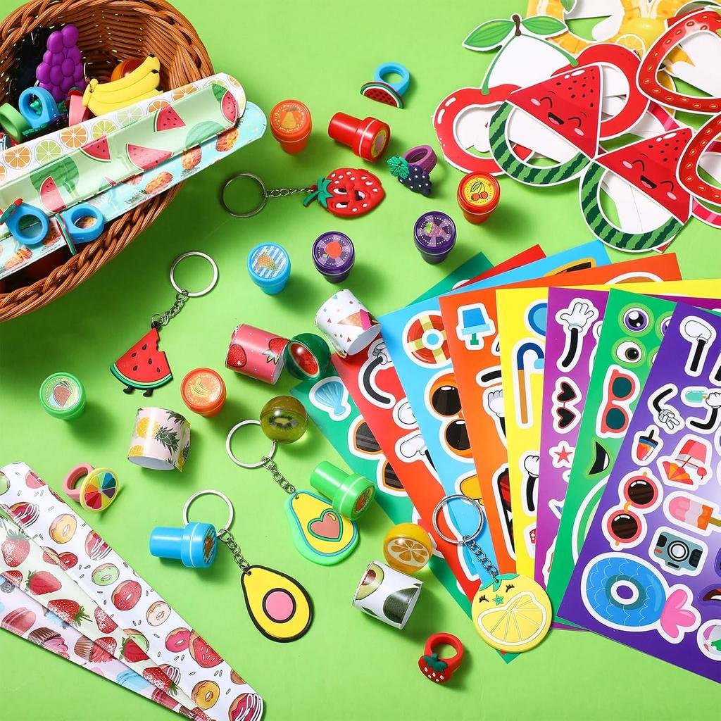 Blosssound 96 Pcs Fruit Party Favors Summer Theme Birthday Gifts Set Make a Fruit Sticker Stress Ball Slap Bracelet Glass Ring Keychain Stamper Gift