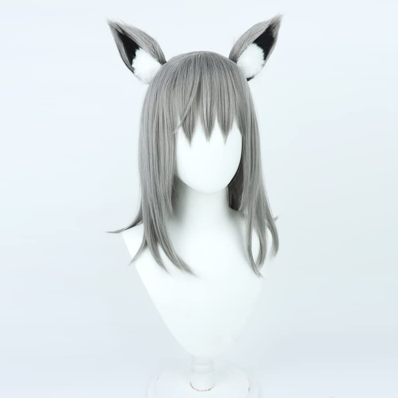 Cosplay Wig with Net, Shiroko Sand Wolf Style, Gray, with Ears, Heat Resistant, Costume Accessory