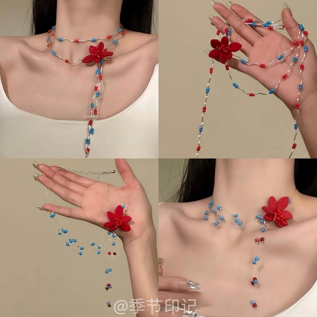 Rice Bead Glass Bead Flower Neck Chain Exquisite Retro Light Luxury High-end Collarbone Chain Fashionable Versatile Exquisite Necklace Women