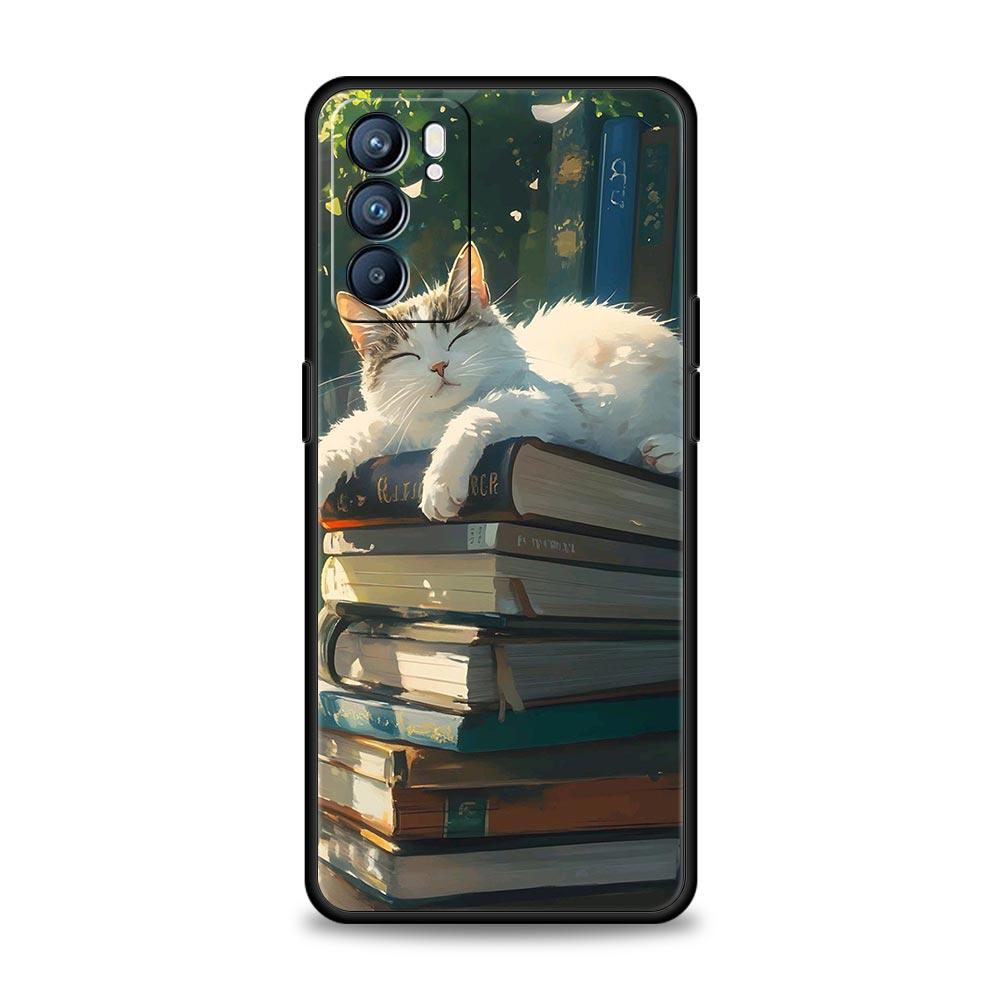 Handyhülle für Oppo A17 A31 A54 A57 A78 A79 Find X5 X6 Reno 7 8 10 11 12 13 F Pro Weiches TPU Niedliches Schmetterling Katze Bücherregal Design