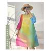 Geometric Print Pleated A-Line Midi Dress With Flared Sleeves Loose Fit