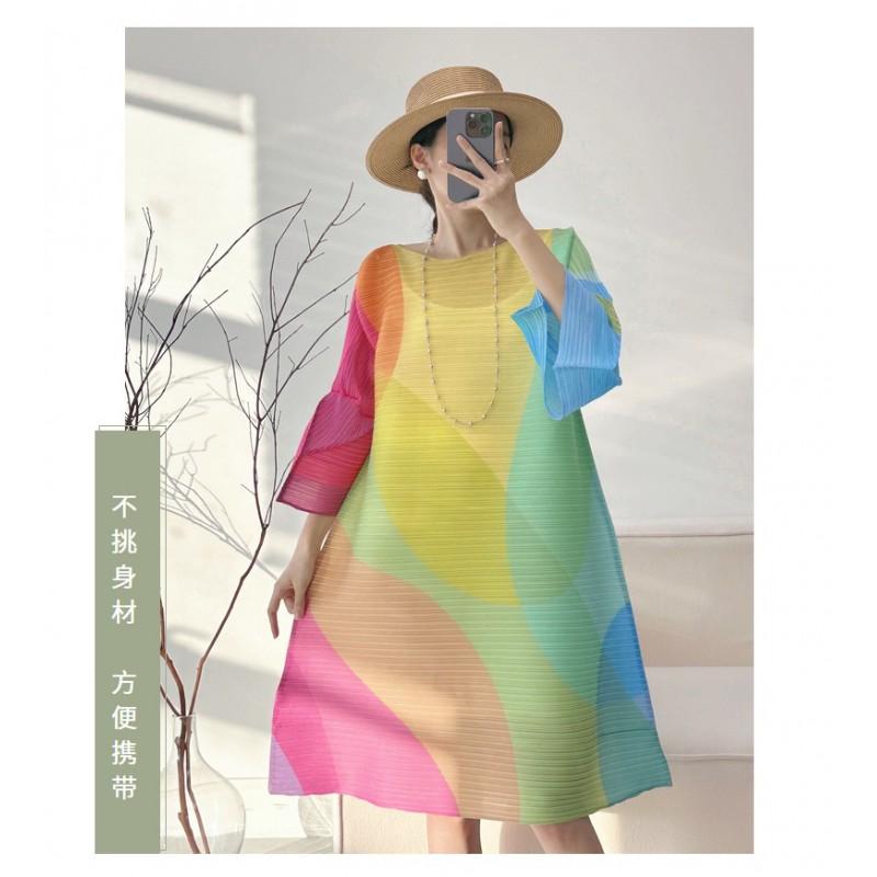 Geometric Print Pleated A-Line Midi Dress With Flared Sleeves Loose Fit