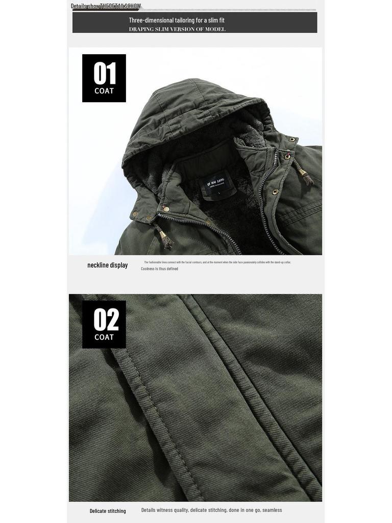 Men's Mid-Length Winter Slim Fit Washed Cotton Jacket - Thick Workwear Coat