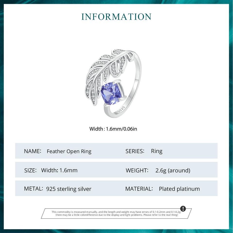 BAMOER 925 Sterling Silver Adjustable Feather Ring For Women with Blue Gemstone Dainty Feather Sizable Ring Jewelry