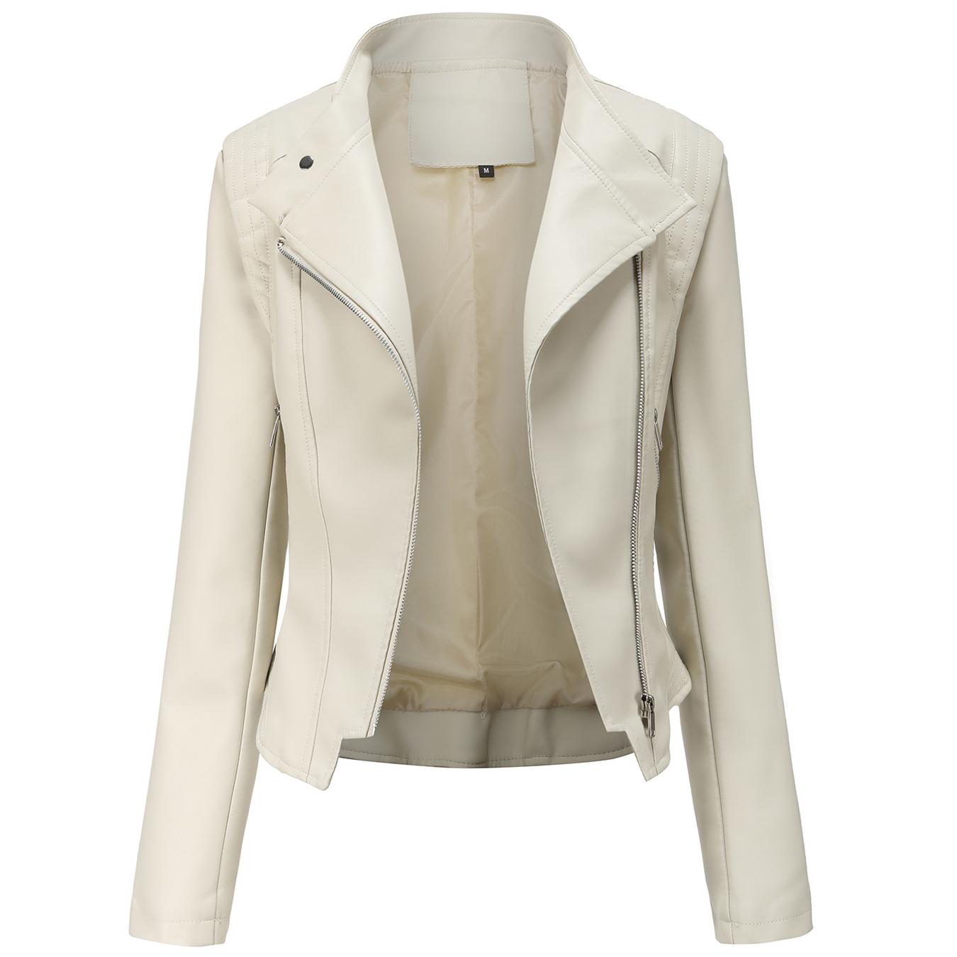 

Женская байкерская куртка из искусственной кожи с воротником-стойкой, асимметричная молния из искусственной кожи, мото-пальто, короткая мотоциклетная укороченная верхняя одежда, топы-бомберы, осенне-весенние наряды, модная новинка L покинуть белый