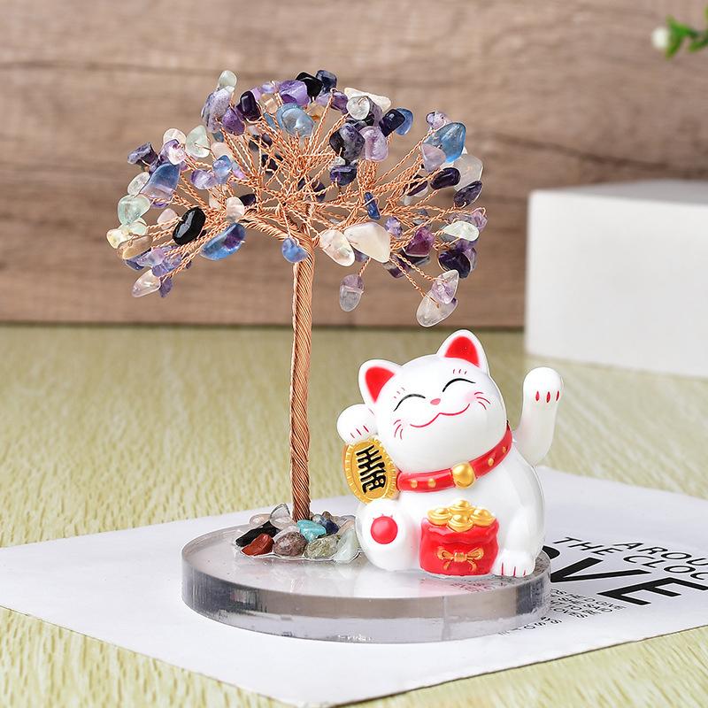 Solar Energy Shake Hands Lucky Cat Base Fate Tree Office Home Natural Crushed Stone Life Tree Handwoven Weaving Decor