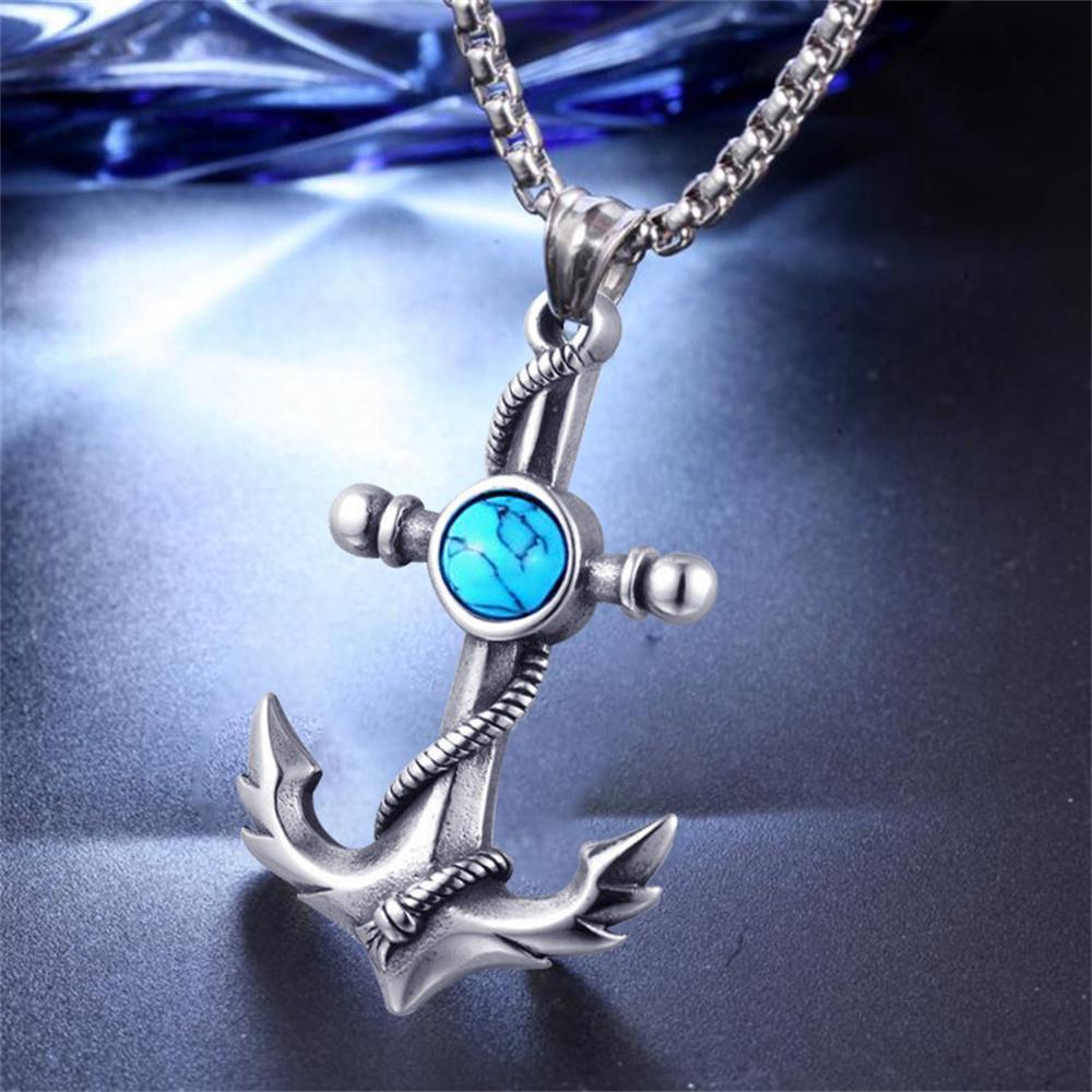 Wu's Pirate Titanium Steel Necklace Retro Halloween Skull Ghost Head Anchor with Turquoise