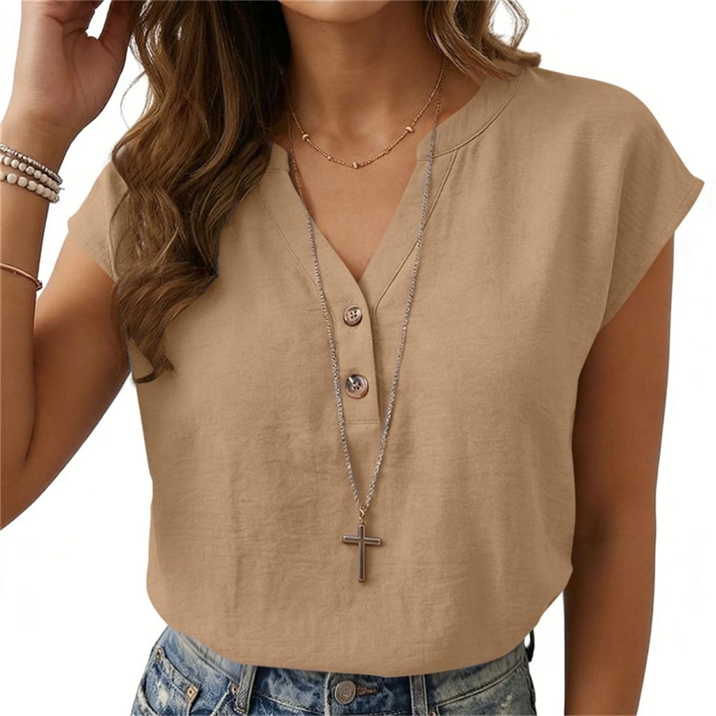 Women’s Casual Loose Fit Button Front Short Sleeve Blouse Relaxed V Neck Lightweight Top Suitable for Everyday Wear