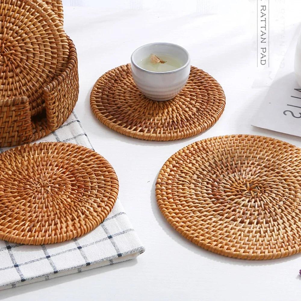 Natural Rattan Woven Placemat Round Table Mat Insulation Coasters Pot Coffee Placemats Pad Anti-Slip Table Mats Handicraft